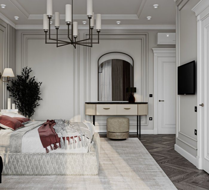 Bedroom with a dressing table, arched mirror and herringbone parquet — How to Sign Off Renovation Work: A Final Checklist