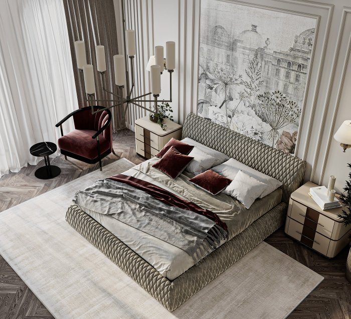 Bedroom seen from above: upholstered bed, armchair and herringbone parquet — Soundproofing in an Apartment Renovation: Walls, Floors, Ceilings
