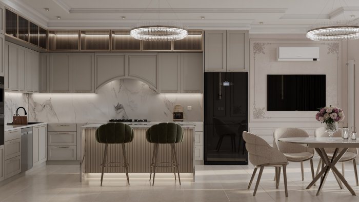 Open kitchen with an island, bar stools, a marble wall and ring chandeliers — Combining Kitchen and Living Room: Pros and Risks