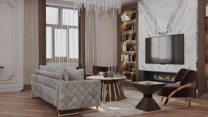 Living room with wall mouldings, a tufted sofa, burgundy armchairs and a marble-clad fireplace — Gaining Space When Renovating a Small Apartment