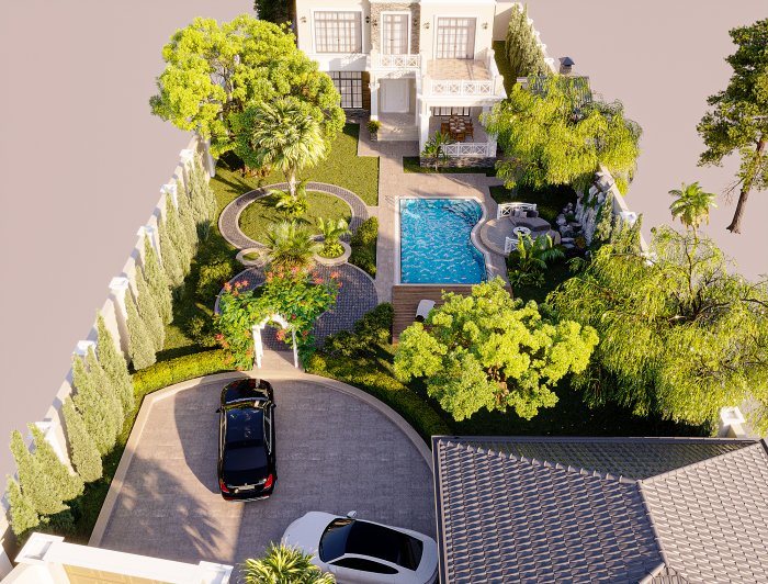 Aerial view of a villa plot with a pool, garden and driveway — Why Geotechnical and Topographic Surveys Matter
