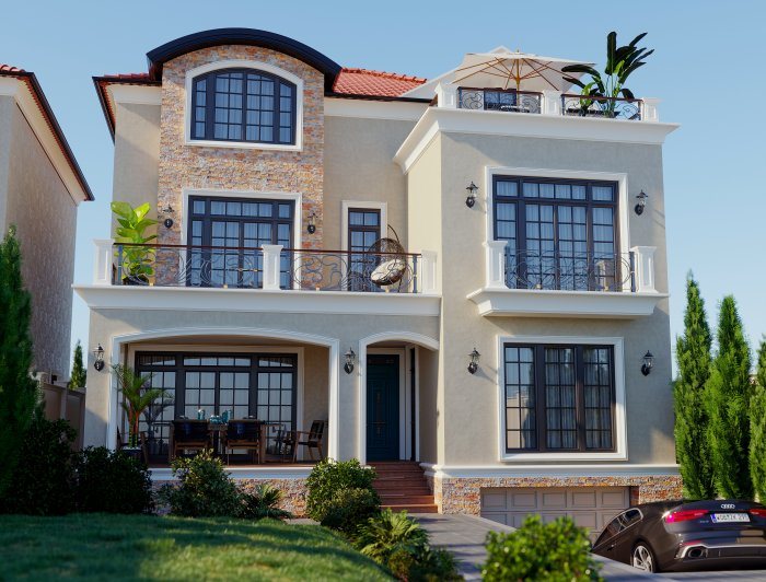 BADAMDAR layihəsi — neoklassik üslubda villa layihəsi, 442 m², 2024