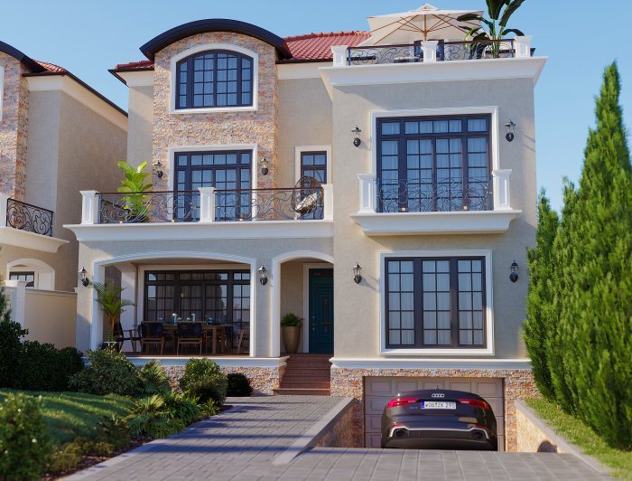 Villa layihəsi detalı — BADAMDAR layihəsi (neoklassik üslub, 442 m², 2024), kadr 2/5