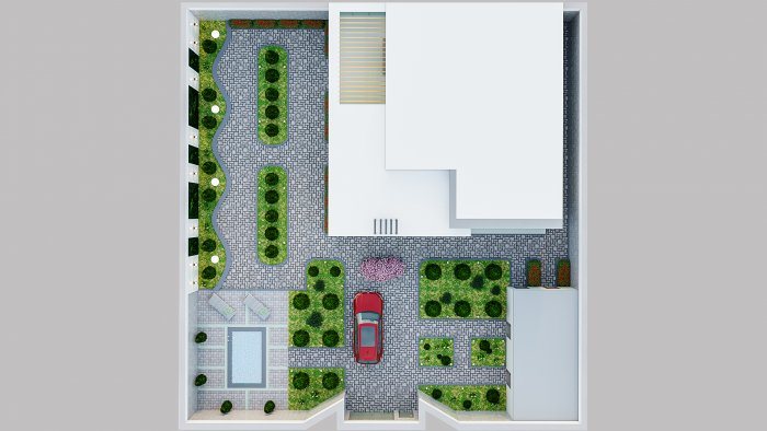 Top-down site plan of a villa plot showing the building, courtyard, planting and parking — Choosing a Plot to Build On: What to Check