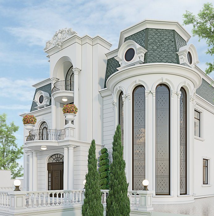 Villa layihəsi detalı — KLASSİK VİLLA layihəmiz (klassik üslub, 423 m², 2024), kadr 2/3