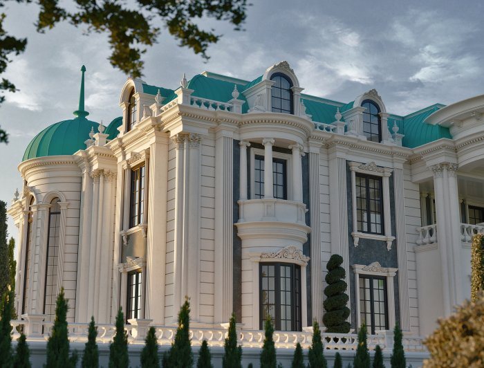 Villa layihəsi detalı — TİFFANY HOUSE layihəsi (neoklassik üslub, 858 m², 2024), kadr 2/4