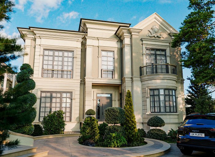 Villa layihəsi detalı — BİNƏQƏDİ layihəsi (neoklassik üslub, 378 m², 2024), kadr 2/6
